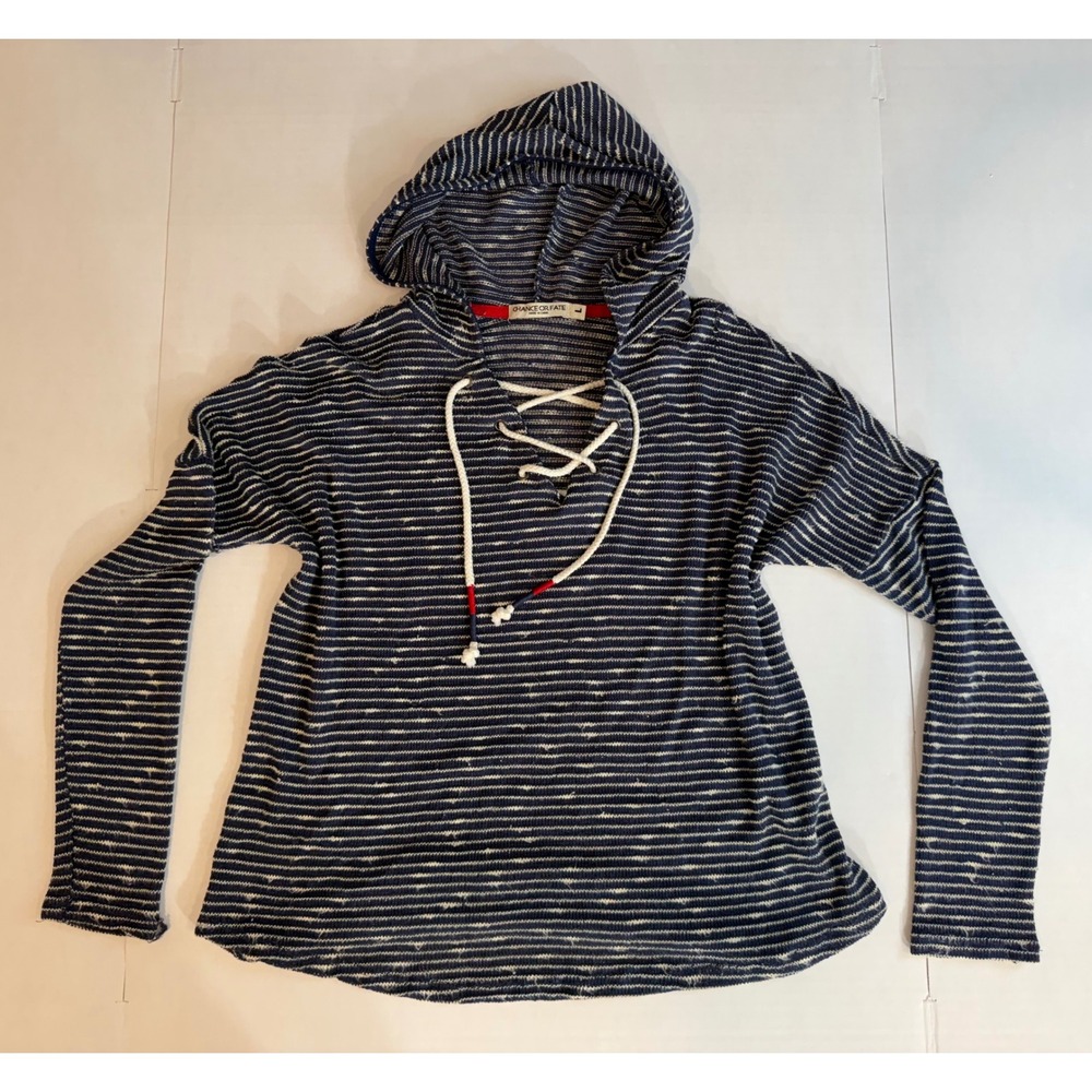 Navy White Striped Lace Up Hoodie Knit Top Coastal Chance or Fate Nautical